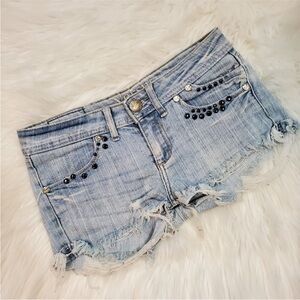 Versus By Versace Light Blue Distressed Denim Shorties with Black Studs